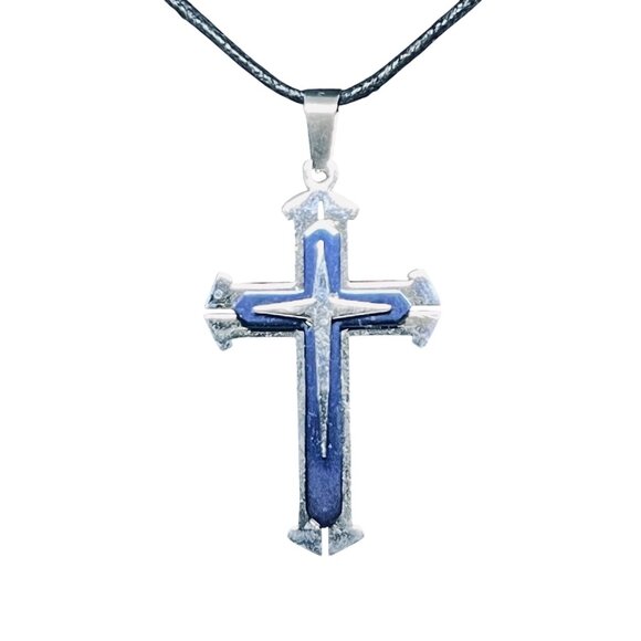 Men's Silver Tone And Blue Multi Layered Cross Pendant (6125) - Picture 2 of 5